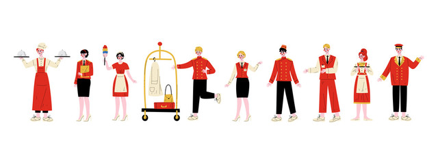 Hotel Staff Characters Set, Chef, Manager, Maid, Bellhop, Receptionist, Concierge, Waitress, Doorman in Red Uniform Vector Illustration - obrazy, fototapety, plakaty