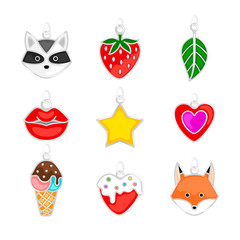 Jewellery pendants. Modern youth pendants set, lips and fox, ice cream and strawberries, heart and star vector illustration