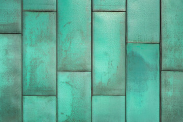 Modern copper folded sheet metal roof texture, Natural way is oxidized copper wall background - 253034740