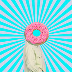 Modern art collage. Female alien model with the big donut instead  head on psychedelic background.