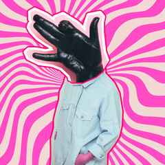 Modern art collage. Female alien model with hand in dog gesture instead head on psychedelic stripes...
