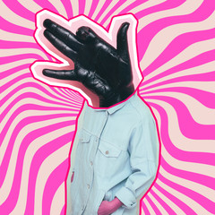 Modern art collage. Female alien model with hand in dog gesture instead head on psychedelic stripes background.