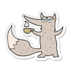 sticker of a cartoon wolf with coffee cup