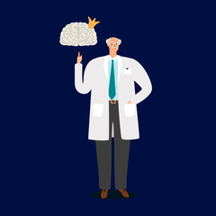 Professor doctor and human brain on deep blue background, vector illustration