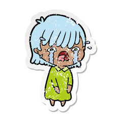 distressed sticker of a cartoon girl crying