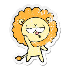 distressed sticker of a cartoon bored lion waving