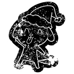 cute cartoon distressed icon of a dog wearing santa hat