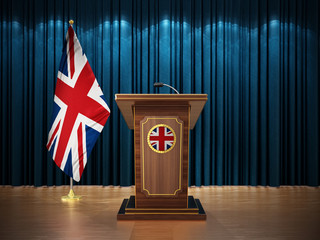 Press conference with British flag and lectern against the blue curtain. 3D illustration