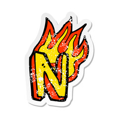 retro distressed sticker of a cartoon flaming letter