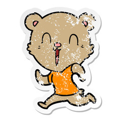 distressed sticker of a happy cartoon bear running