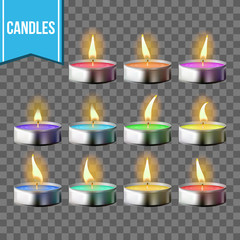 Candles Set Vector. Tea light Metal Cup. Transparent Background. Isolated Realistic Illustration