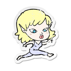 distressed sticker of a pretty cartoon elf girl running