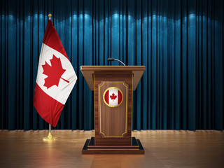 Press conference with flags of Canada and lectern against the blue curtain. 3D illustration