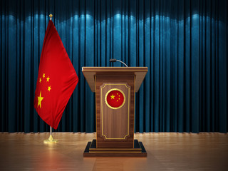 Press conference with flags of China and lectern against the blue curtain. 3D illustration
