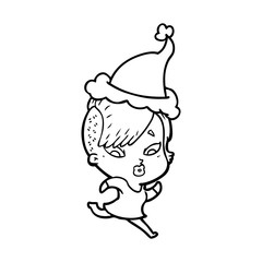 line drawing of a surprised girl wearing santa hat