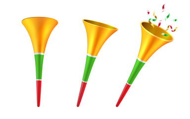 Set of isolated 3d party horns or cartoon soccer trumpet with confetti. Football fan blower or cone toy for children, kids. Stadium megaphone or klaxon instrument,noisemaker.Celebration, musical theme © Sensvector
