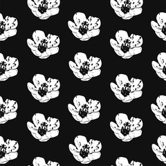 Seamless pattern with white flowers, cherry blossom on black background