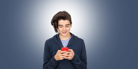 teenager or isolated student with mobile phone