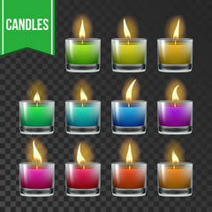 Candles Set Vector. Glass Jar. Paraffin Symbol. Meditation Element. Decorative Icon. Transparent Background. Isolated Realistic Illustration