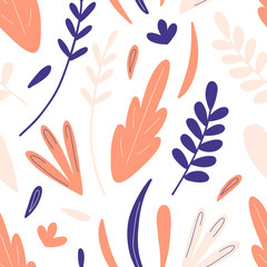 Doodles leaves and plants seamless vector hand drawn pattern. Colorful print