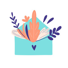 Spring mail with plants and heart vector hand drawn illustration in trendy doodles style