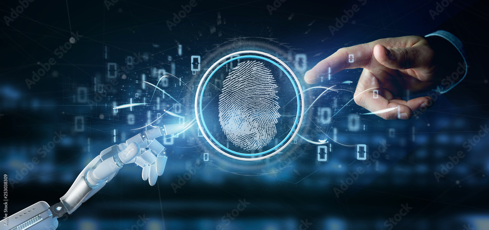 Poster cyborg holding a digital fingerprint identification and binary code 3d rendering