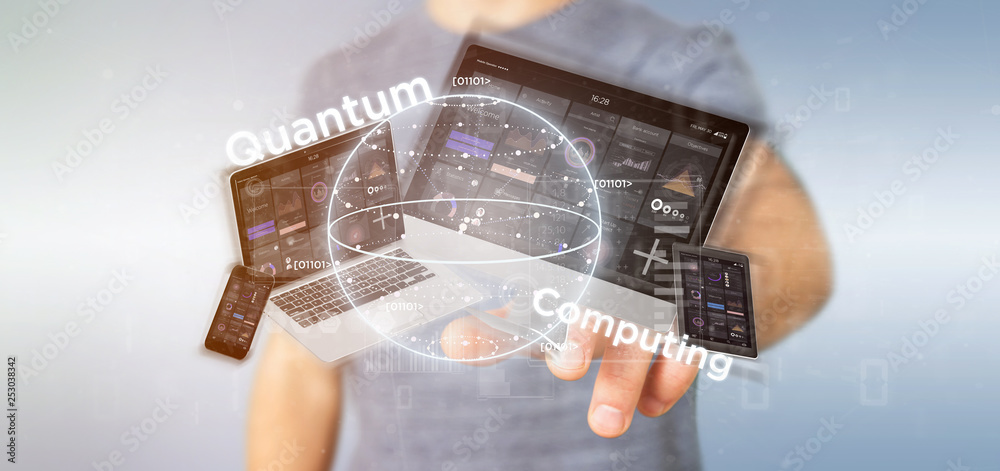 Poster businessman holding quantum computing concept with qubit and devices 3d rendering