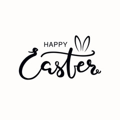 Hand written calligraphic lettering quote Happy Easter, with bunny ears. Isolated objects on white background. Hand drawn vector illustration. Design concept, element for card, banner, invitation.