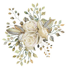 White rose. Flower arrangement of roses, leaves and ornamental herbs.