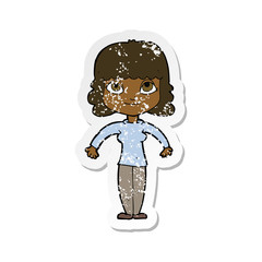 retro distressed sticker of a cartoon woman shrugging shoulders