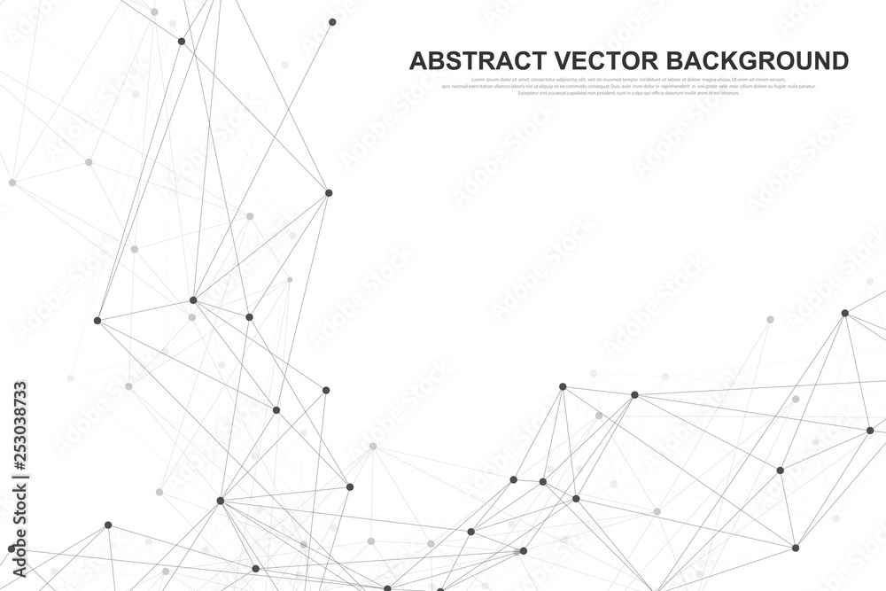 Poster Abstract polygonal background with connected lines and dots. Minimalistic geometric pattern. Molecule structure and communication. Graphic plexus background. Science, medicine, technology concept