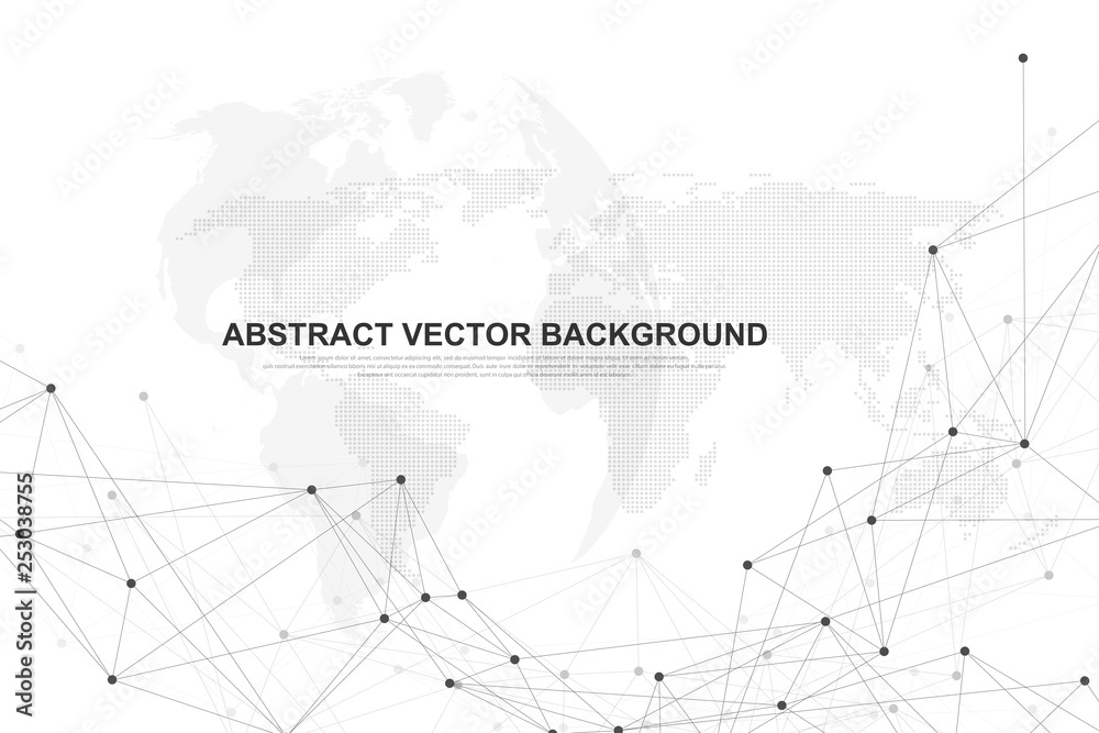 Poster Abstract polygonal background with connected lines and dots. Minimalistic geometric pattern. Molecule structure and communication. Graphic plexus background. Science, medicine, technology concept