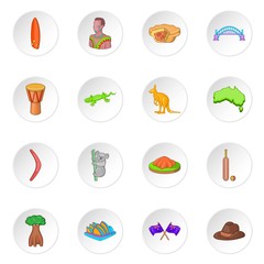 Australia travel icons set. Cartoon illustration of 16 Australia travel vector icons for web