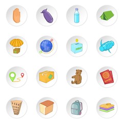 Refugees icons set. Cartoon illustration of 16 refugees vector icons for web