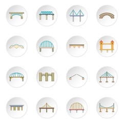 Bridge construction icons set. Cartoon illustration of 16 bridge construction vector icons for web