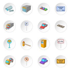 Parking items icons set. Cartoon illustration of 16 parking items vector icons for web