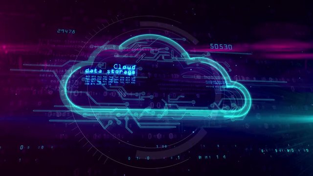 Computing cloud and data storage symbol on digital background. 3D hologram with cloud sign, code and glitch effect. Abstract concept animation.