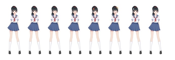 Anime manga schoolgirl in sailor suit, blue skirt