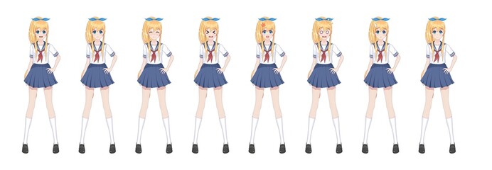 Anime manga schoolgirl in sailor suit, blue skirt