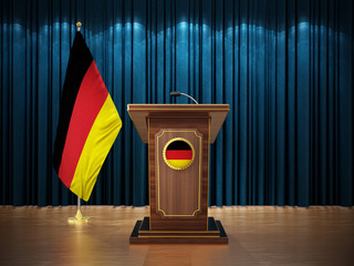 Press conference with flags of Germany and lectern against the blue curtain. 3D illustration