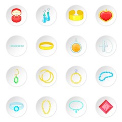 Jewelry items icons set. Cartoon illustration of 16 jewelry items vector icons for web