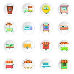 Street food kiosk vehicle icons set. Cartoon illustration of 16 street food kiosk vehicle vector icons for web