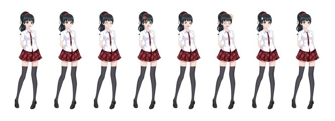 Fototapeta na wymiar Anime manga schoolgirl plaid red skirt tie pattern