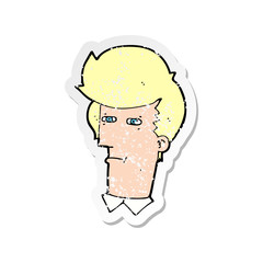 retro distressed sticker of a cartoon man narrowing eyes