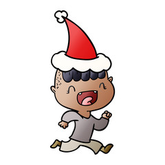 gradient cartoon of a happy boy laughing and running away wearing santa hat