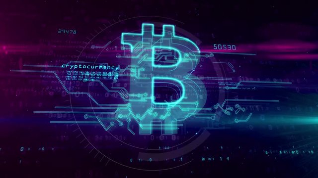 Bitcoin, cryptocurrency mining, virtual business and blockchain technology symbol on digital background. 3D hologram with Bitcoin sign, code and glitch effect. Abstract concept animation.