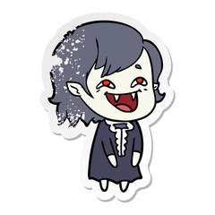 distressed sticker of a cartoon laughing vampire girl