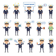 Set of airline pilot characters showing various actions, emotions. Funny airman singing, celebrating, holding signboard, map, photo camera and showing other actions. Flat vector illustration