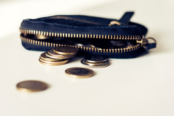 Black suede leather wallet isolated on white background with coins.