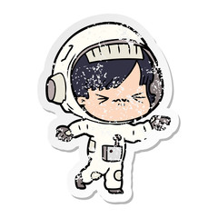 distressed sticker of a cartoon astronaut woman